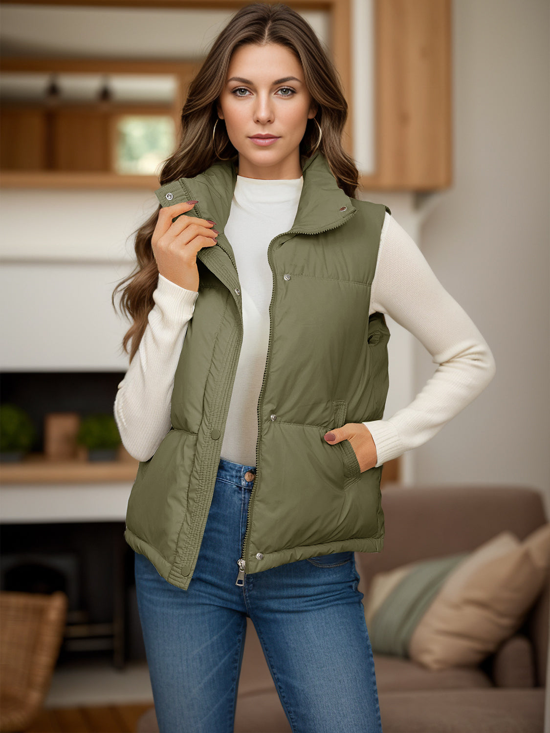 Pocketed Zip Up Vest Coat