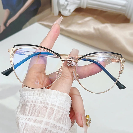 Luxury Diamond Cat Eye Anti-Blue Light Glasses Women Optical Lenses Multi-color Splicing Metal Frames Computer Reading Glasses