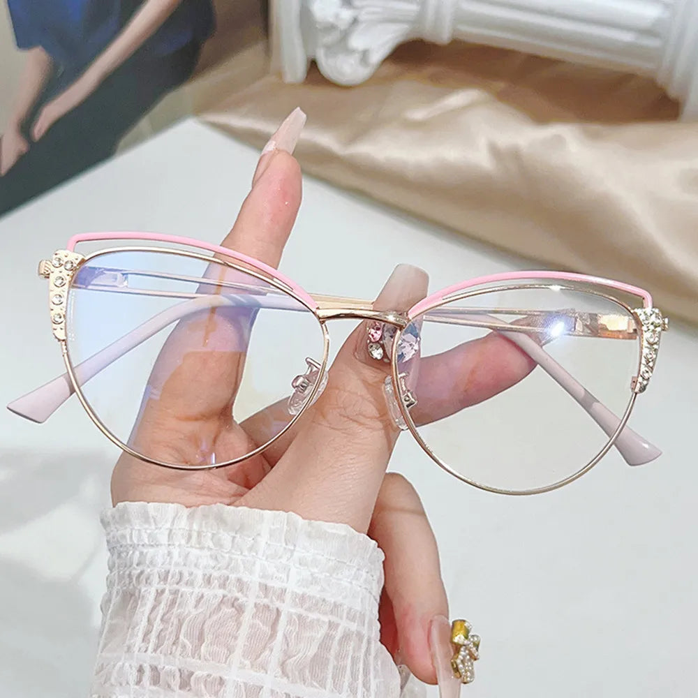 Luxury Diamond Cat Eye Anti-Blue Light Glasses Women Optical Lenses Multi-color Splicing Metal Frames Computer Reading Glasses