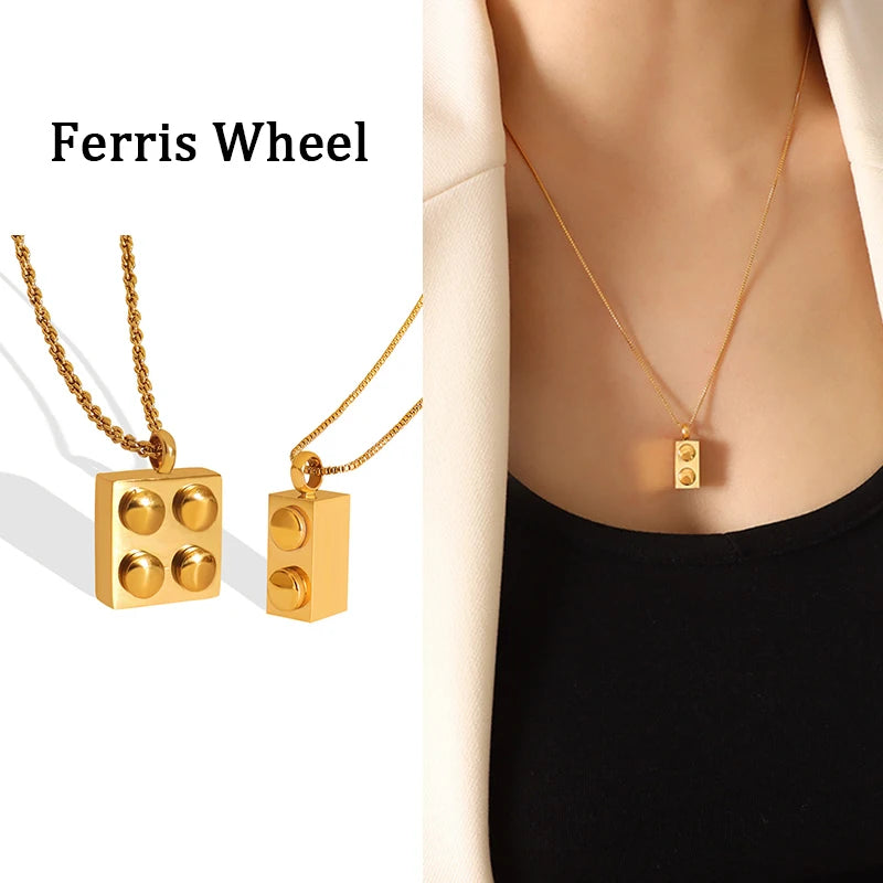 Necklace For Women Stainless Steel With Lego Brick Pendant Gold Color Men's Chain Necklaces Woman's Designer Jewelry Accessories