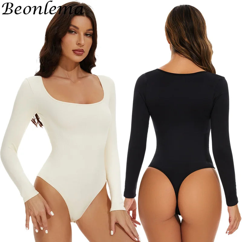 Long Sleeves Elastic Body Suit Shapewear Women Seamless Body Sculpting Shaper Tummy Control Slimming Square Neck Tops